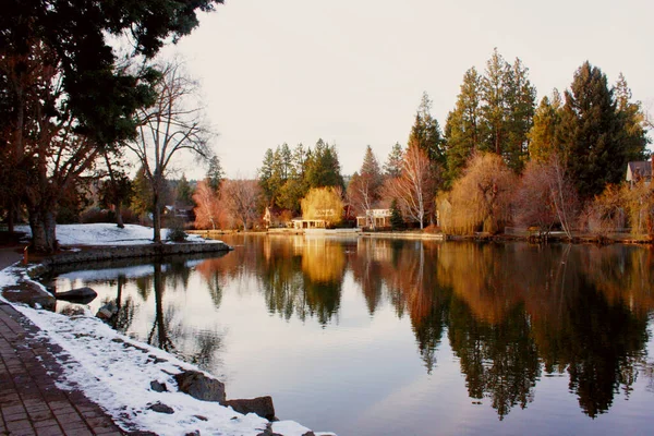 Reflections at Mirror Pond Lake in Bend Oregon