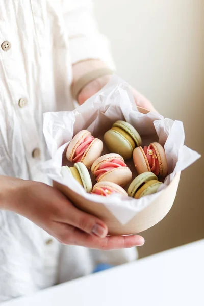 Girl Confectioner Entrepreneur Holds Box Macaroons Her Hands — Stock Photo, Image
