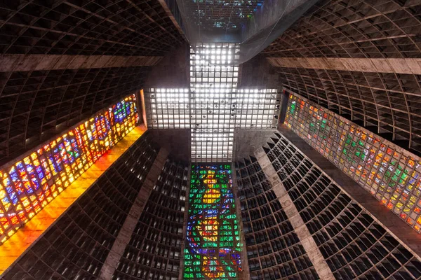 stock image Beautiful view to glasswork inside modern architecture cathedral building in downtown Rio de Janeiro, Brazil