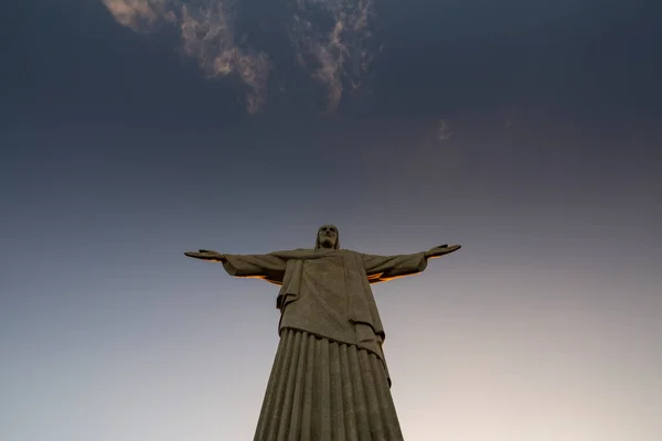 Прекрасный Вид Статую Христа Искупителя Время Захода Солнца Горе Корковадо — стоковое фото