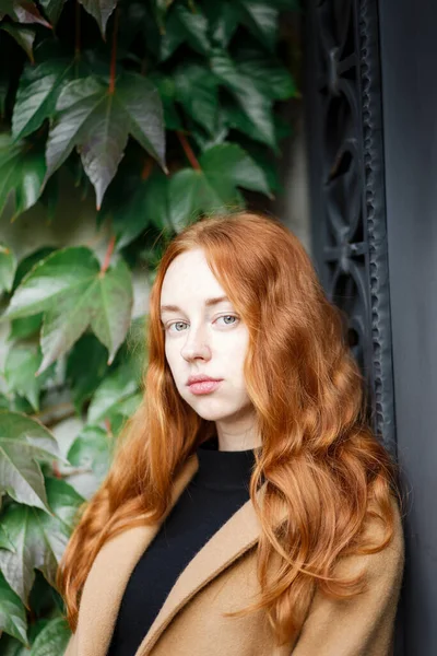 Jeune Femme Aux Cheveux Roux Élégant Sur Fond Feuilles Vertes — Photo