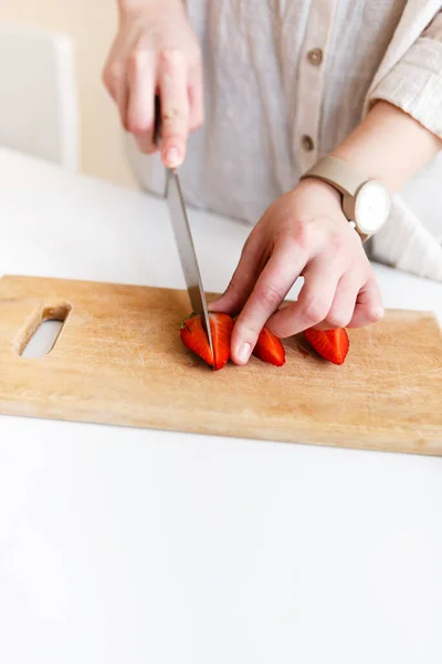 Female Cook Cuts Red Fresh Strawberries Knife Kitchen — Stock Photo, Image