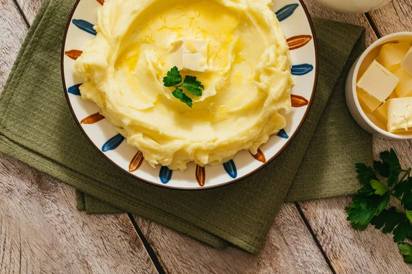 Mashed Potatoes Butter Bowl Wooden Table — Stock Photo, Image