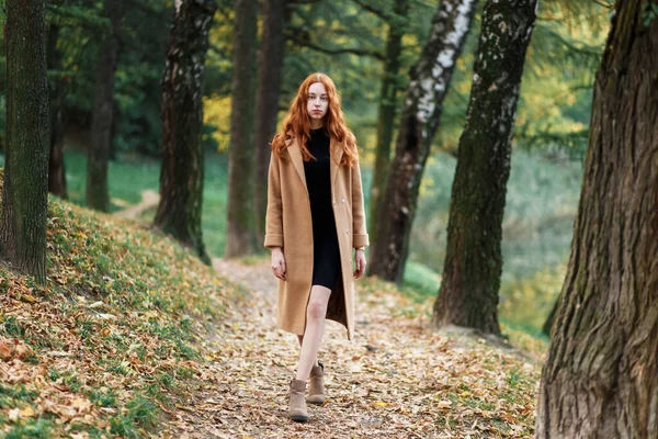 Стильна Руда Жінка Пальто Гуляє Сонячному Парку Восени — стокове фото