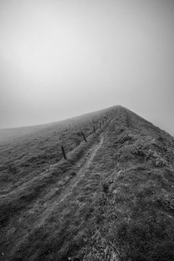 Tepe boyunca yürüyen izler bulutlarda kaybolur, Azores.