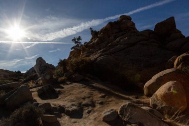Sunbeams over desert rocks in Joshua Tree Park clipart