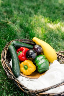 Çimlerin üzerinde dantel bez olan sepetin içindeki renkli sebzeler.