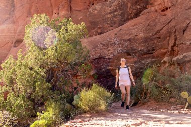 Kadın yürüyüşçü Arizona 'da çöl yolunda yürüyor.