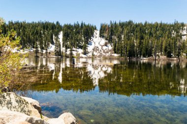 Ayna ağaçlı Alp Gölü ve açık gökyüzünün altında kar yamaları.