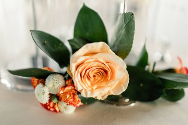 Close-up of an elegant peach rose centerpiece with green leaves clipart