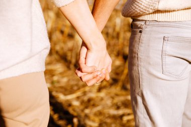 Altın bir tarlada el ele tutuşan genç bir çiftin yakın çekimi.