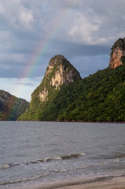 Tayland 'ın egzotik kumlu sahilinde yeşil dağlı gökkuşağı