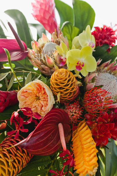 Tropical colorful floral display with protea, orchids and more