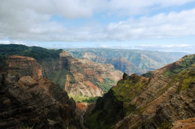 Uzakta şelalesi olan yemyeşil bir kanyonun yatay manzarası