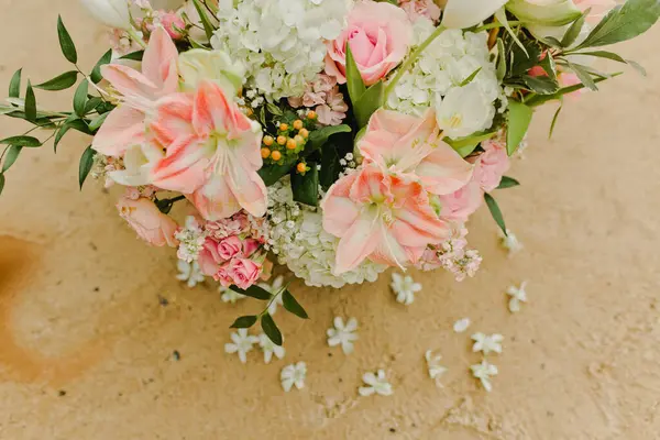 stock image Florals and Plumeria Lay on Hawaiian Tropical Sands before Wedding