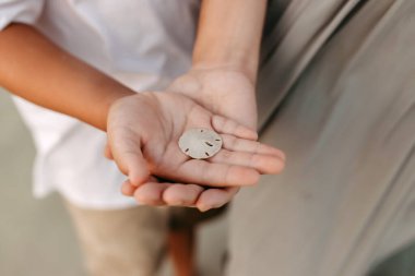 Young boy Holding a sand dollar clipart