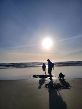 Baba ve oğulları güneşli okyanus sahillerinde neşeyle oynuyorlar.