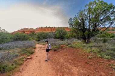 Arizona çölünde kızıl kayaları gören bir kadın.