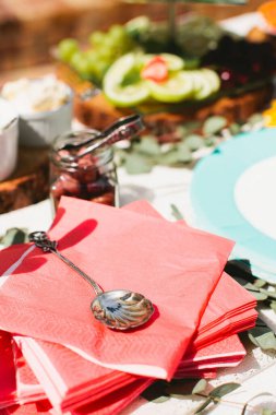 Vintage Servis Kaşığı Parti İçin Peçetelere Dayanıyor