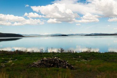 Sakin göl manzarası, yansıtıcı gökyüzü ve sakin vahşi doğa.