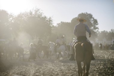 Geleneksel Endülüs kovboyu Rocio köyünde at sürüyor.