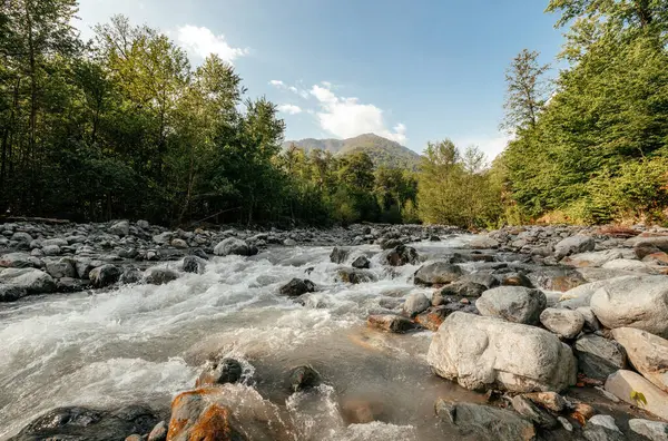 stock image View of the river against the background of the Caucasian mountains