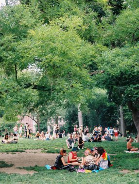 NYC Gururu sırasında Washington Square Park 'ta dinlenen insan grupları