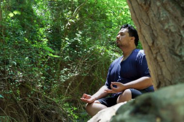 Genç bir çocuk tropikal yağmur ormanlarında bir ağaç gövdesinde meditasyon yapıyor.