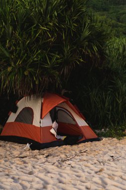 Sahilde çadır, okyanus kenarında kamp..