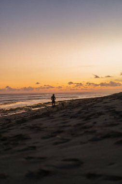 Adam gün batımında bir köpekle sahil boyunca koşar..