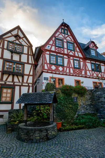 stock image Traditional german houses on a street in Bacharach village, Germany