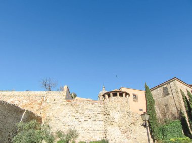 Tarihsel taş duvarlar ve açık mavi arkaplanı olan binalar.