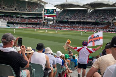 Küller İngiliz kriket taraftarı bayrak ve oyuncak aslanla tezahürat yapıyor.