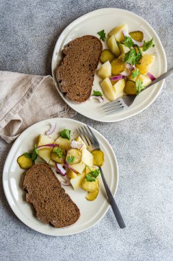 Kırmızı soğanlı patates salatası ve mayalanmış salatalık.