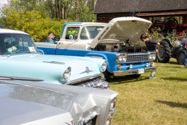 Çocuk, açık hava otomobil fuarında eski araba ve kamyonları inceliyor.