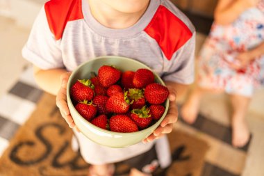 Ön verandada çocuklar ve yaz çilekleri.