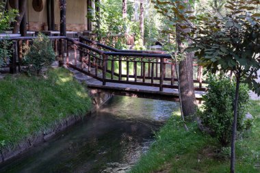 Tahta bir köprü parktaki küçük bir dereyi kaplar.