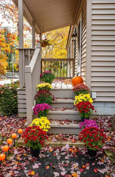 stock image Front porch decorated for autumn with mums and pumpkins