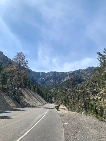 stock image Mountain road winding through a forested landscape under a clear sky