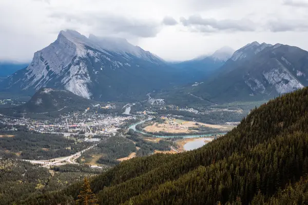 stock image Overhead Banff view with rugged mountain backdrop