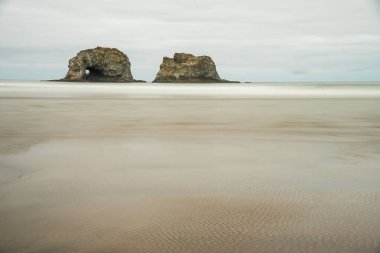 Oregon 'da sisli bir yerde Arch Cape' in deniz yığınlarının sakin sahili manzarası..