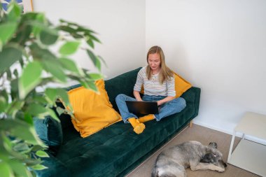 Evde kanepede oturmuş köpeğiyle dizüstü bilgisayarda çalışan bir kadın.