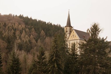 Ormanın ortasındaki tepede duran eski bir kilise binası.