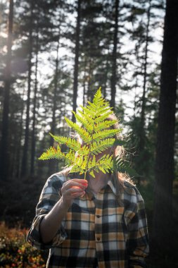 Kadın elinde yeşil eğreltiotu yaprağı tutuyor güneş ışığı sonbahar ormanında