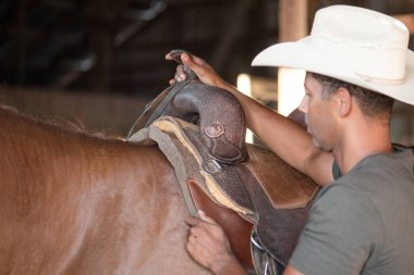 Close up of man and saddle on horse clipart