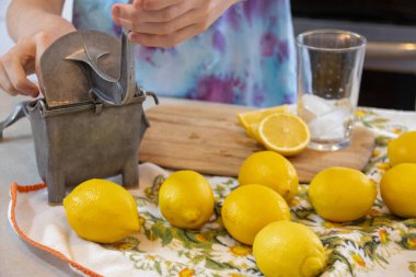 Çiçek bezinde limon sıkacağı kullanan eller.