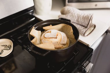 Freshly baked sourdough bread in a Dutch oven with oven mitts nearby clipart