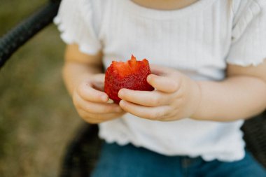 Bebek eller bir ısırıktan sonra çilek tutuyor.