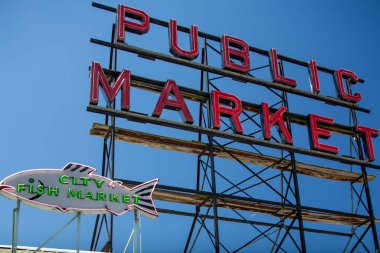 Pike Place Public Market neon fish signs clipart