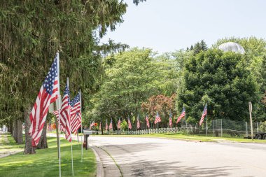 Yol, çimenli bir alanda Amerikan bayraklarıyla kaplı.
